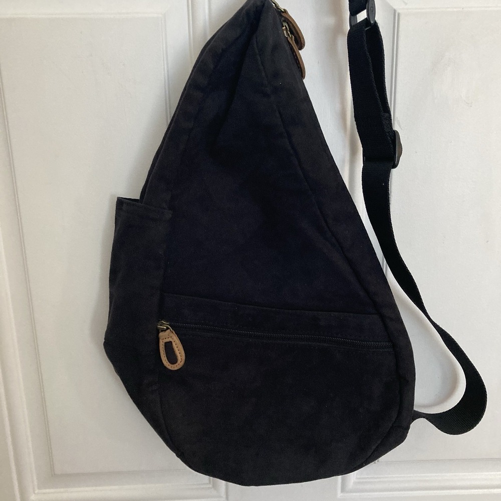 Vtg LL Bean AmeriBag Healthy Back Sling Backpack Black Microsuede 17" x 12" - Picture 5 of 14